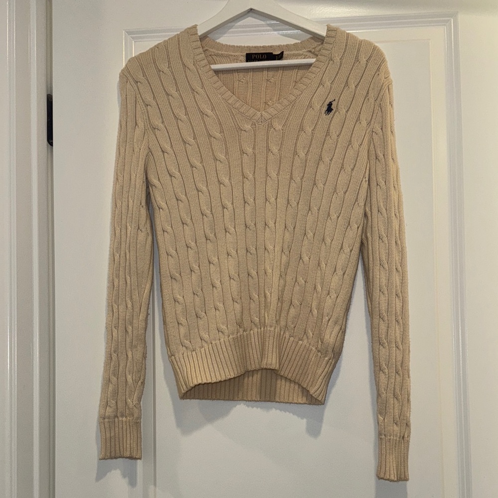Polo by Ralph Lauren Women's V-Neck Cable Knit Sweater - Beige